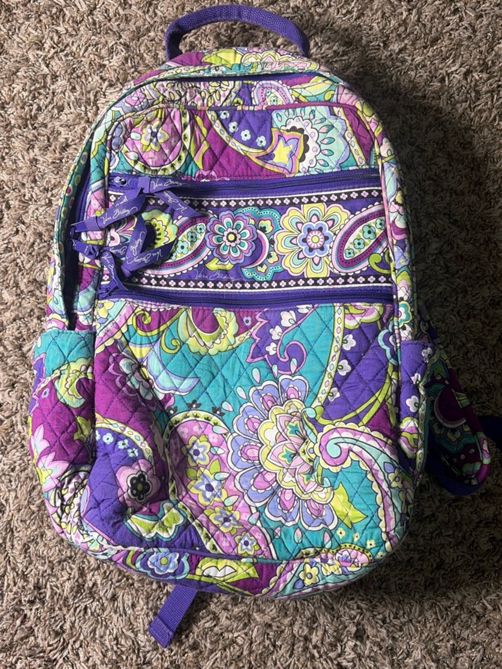Vera Bradley Laptop Backpack Purple Teal Floral Paisley Quilted Large School Bag